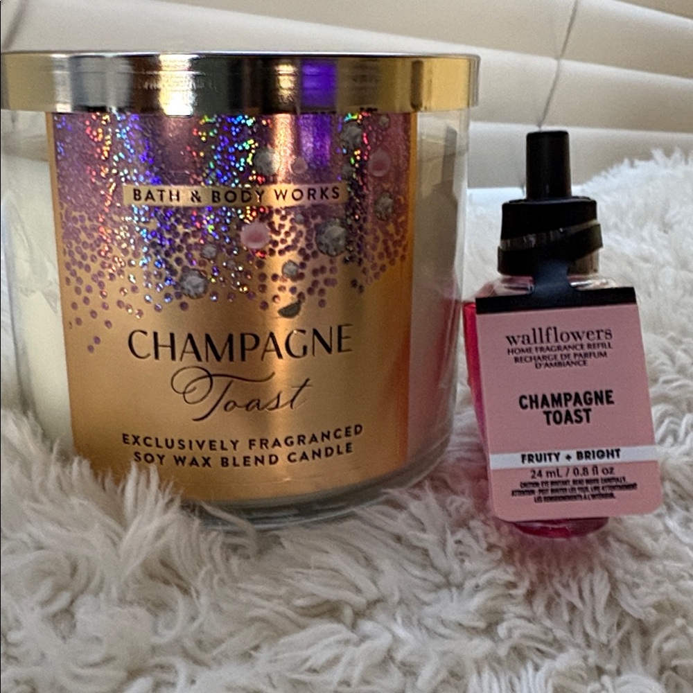 NEW!!Bath & Body Works Champagne Toast 3 Wick Candle and NWT Wallflower Refill